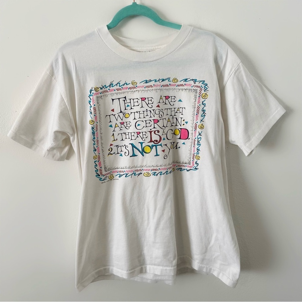 Vintage 80s funny graphic T-shirt single stitch L white adult religious god
